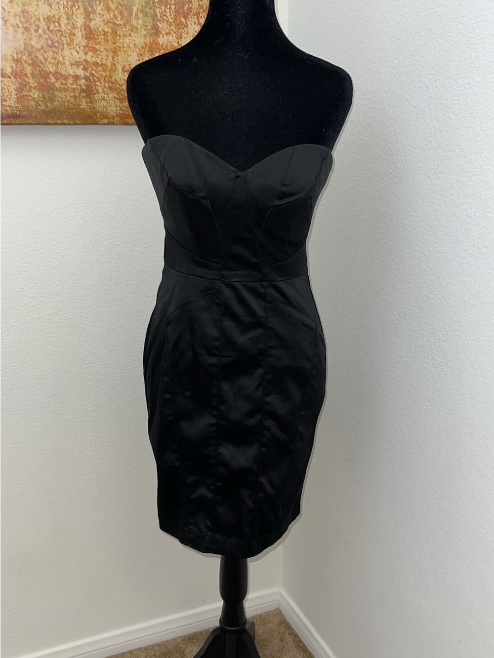 bebe Strapless Black Satin Sheath Dress